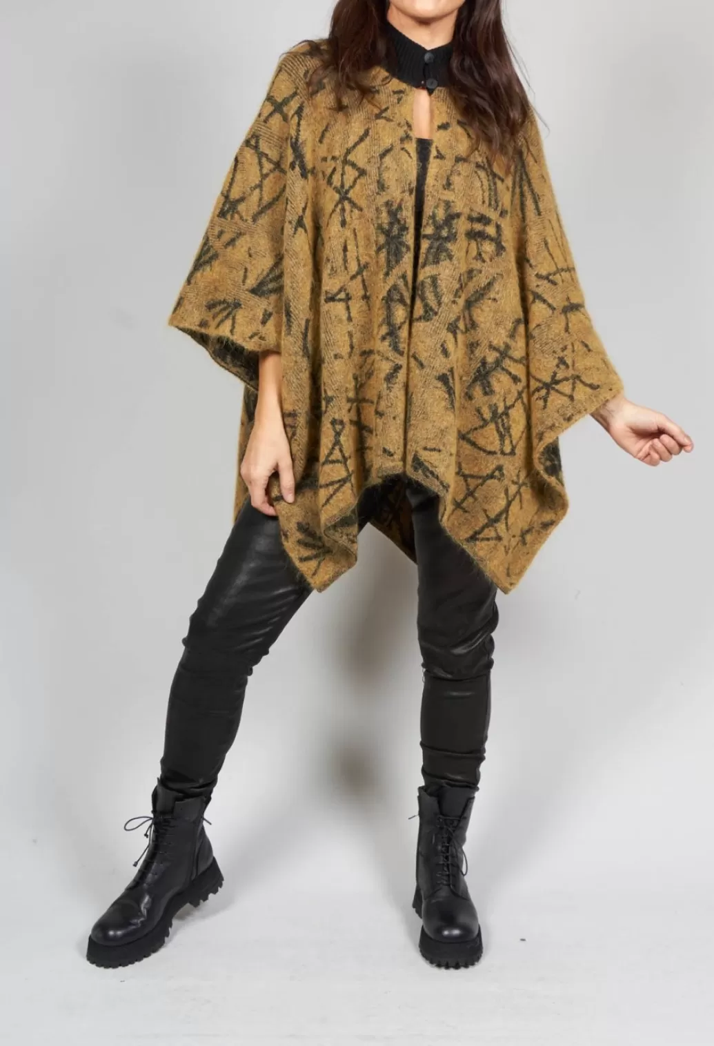 Jackets^Sarah Pacini High Button Neck Poncho With Black Pattern Detail In Mustard