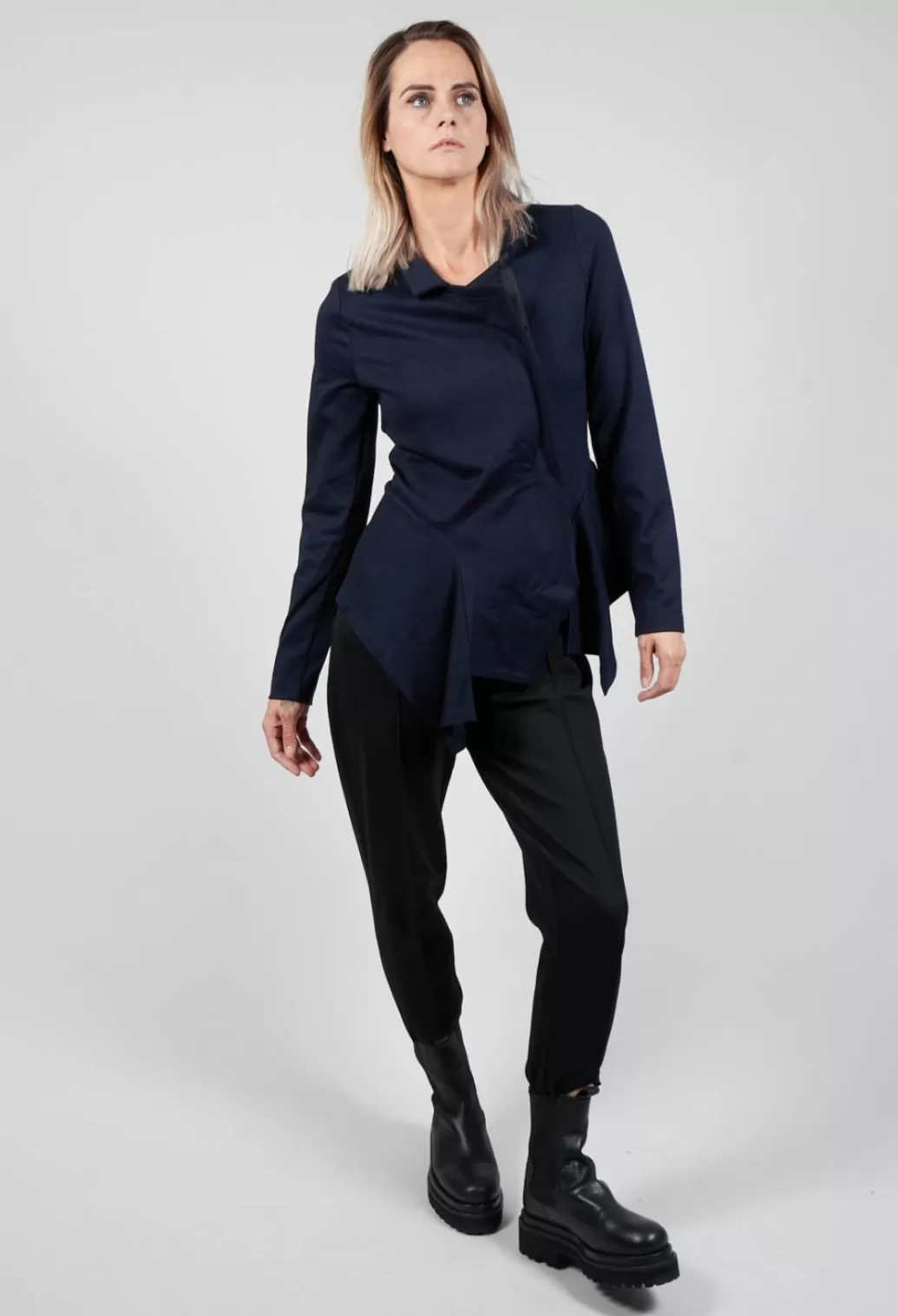 Jackets^Xenia Design Long Sleeve Jacket With Asymmetric Peplum Hem In Dark Blue