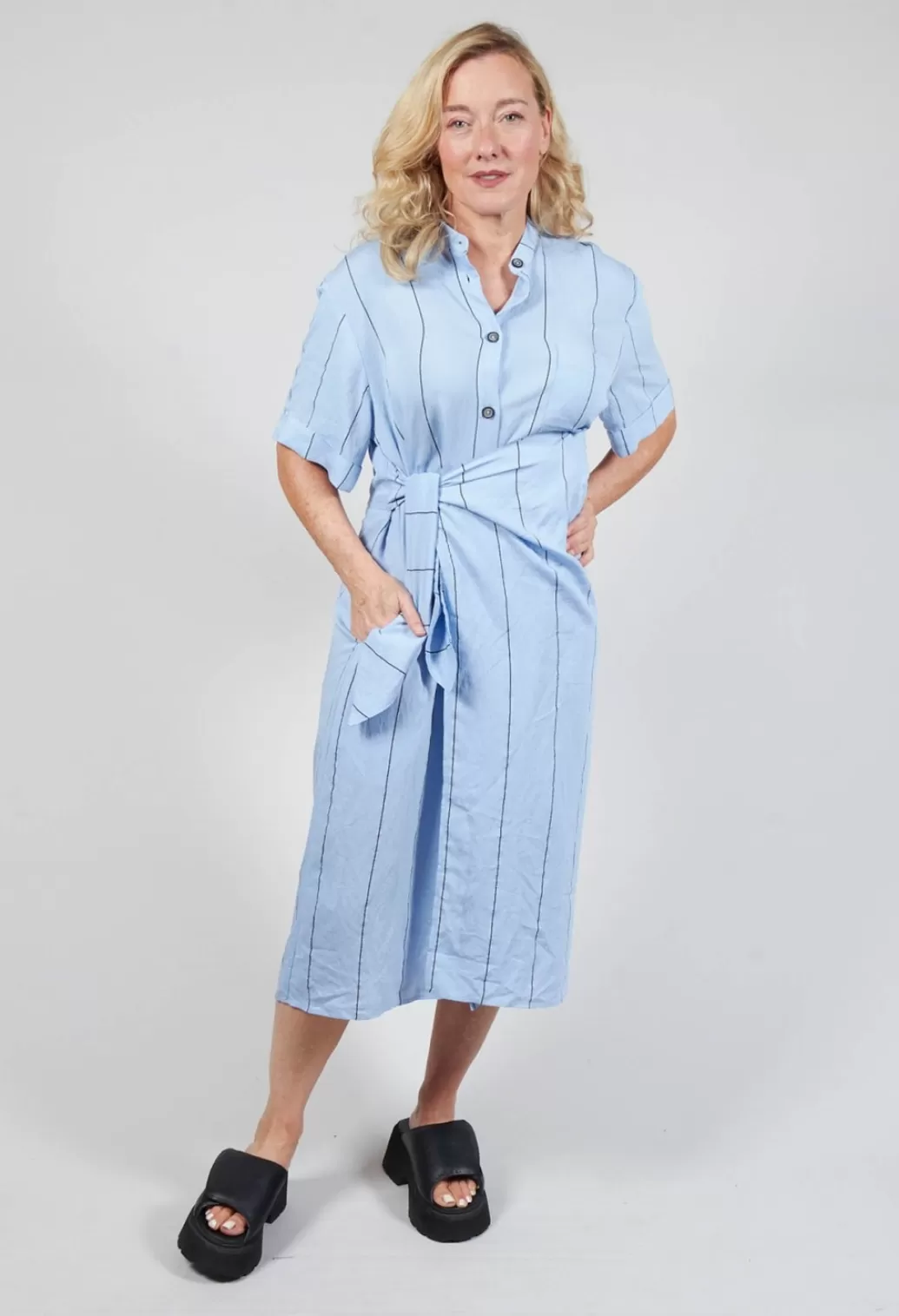 Dresses^Crea Concept Midi Shirt Dress With Tie Over In Blue And Black Stripe